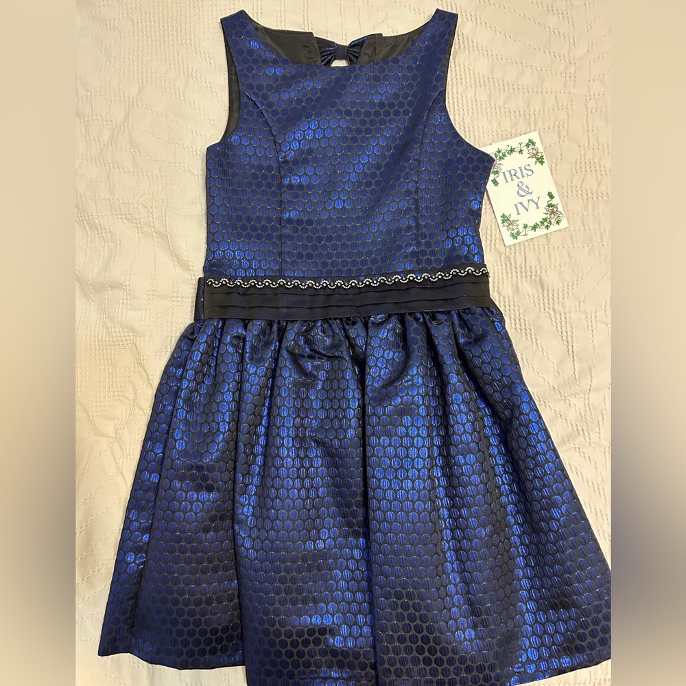 Size 8 Girls Party Dress in Metallic Blue/Black with Back and Waist Detail